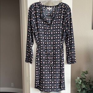 LOFT Outlet Dress Medium Petite Pink Blue Long Sleeve Geometric Drawstring Waist